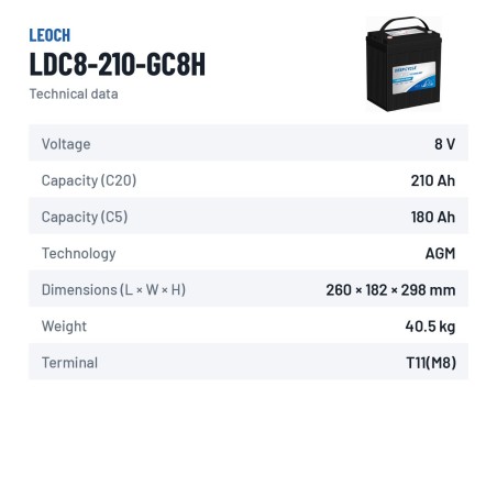 Batteria per golf cart Leoch LDC8-210-GC8H 8V 210Ah AGM – scheda tecnica