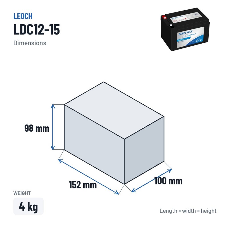 Bateria de scooter de mobilidade Leoch LDC12-15 12V 15Ah AGM – medidas 152 × 100 × 98 mm