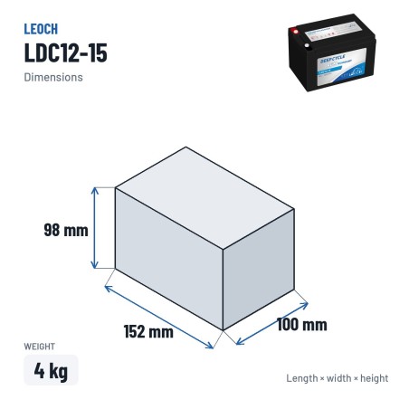 Mobility scooter battery Leoch LDC12-15 12V 15Ah AGM – dimensions 152 × 100 × 98 mm