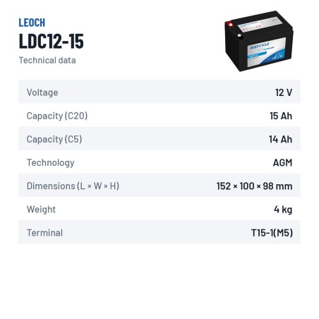 Mobility scooter battery Leoch LDC12-15 12V 15Ah AGM – technical data