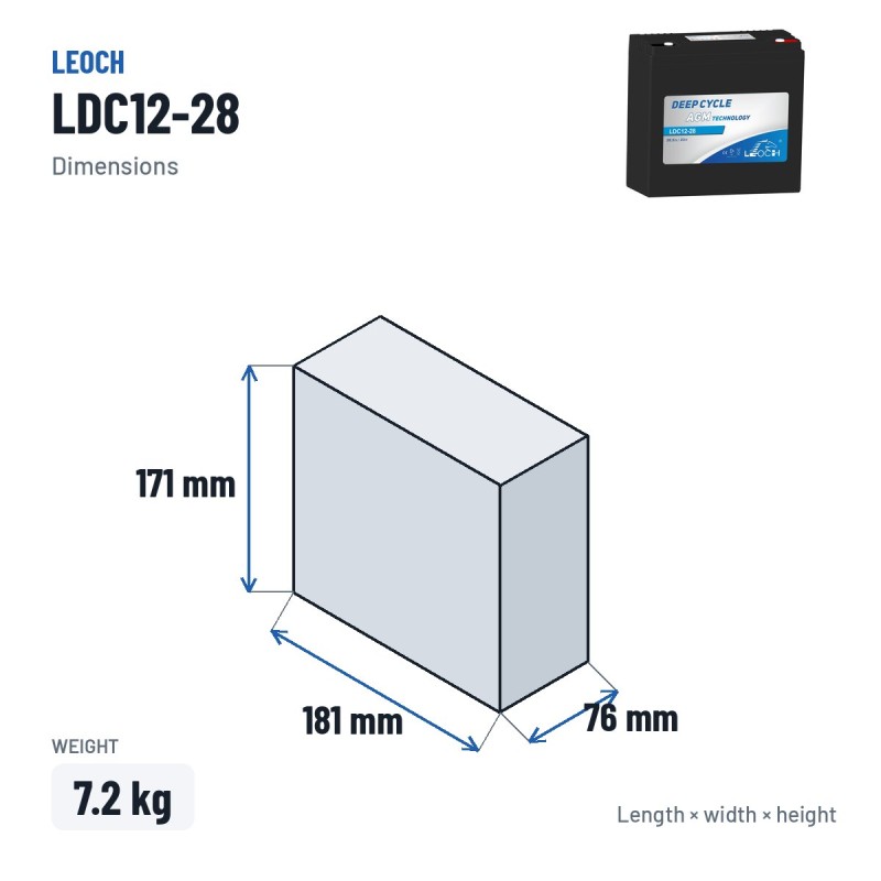 Batteria per scooter di mobilità Leoch LDC12-28 12V 28.5Ah AGM – dimensioni 181 × 76 × 171 mm