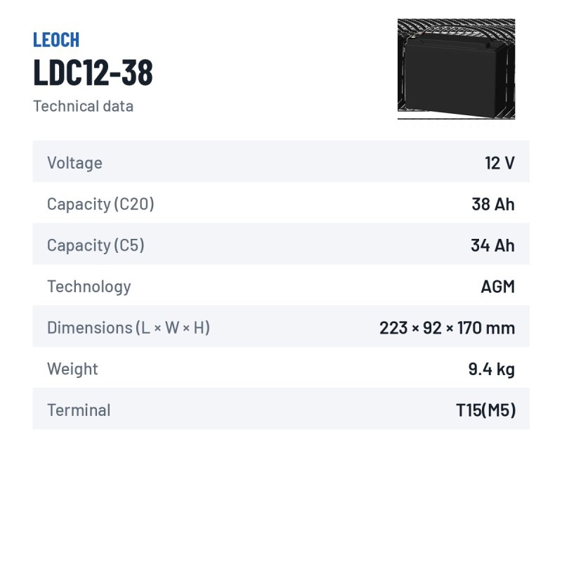 Batterie für Mobilitätsscooter Leoch LDC12-38 12V 38Ah AGM – technische Daten