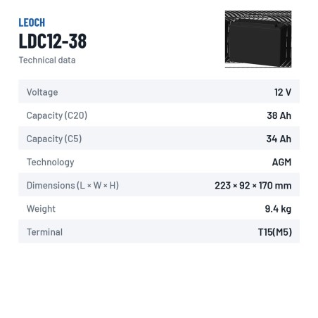 Batterie für Mobilitätsscooter Leoch LDC12-38 12V 38Ah AGM – technische Daten