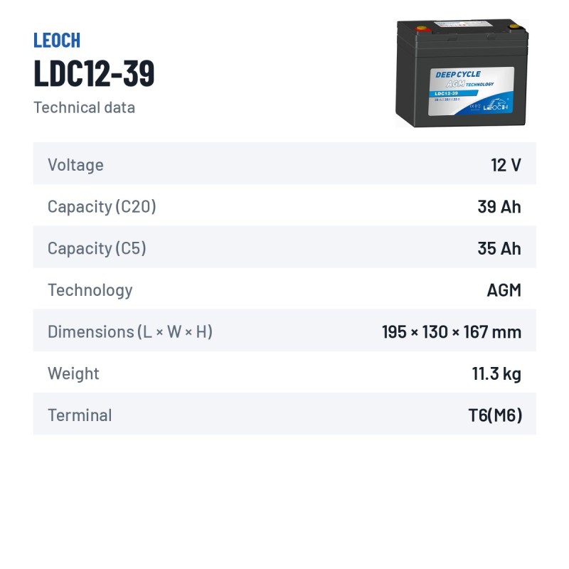 Mobility scooter battery Leoch LDC12-39 12V 39Ah AGM – technical data
