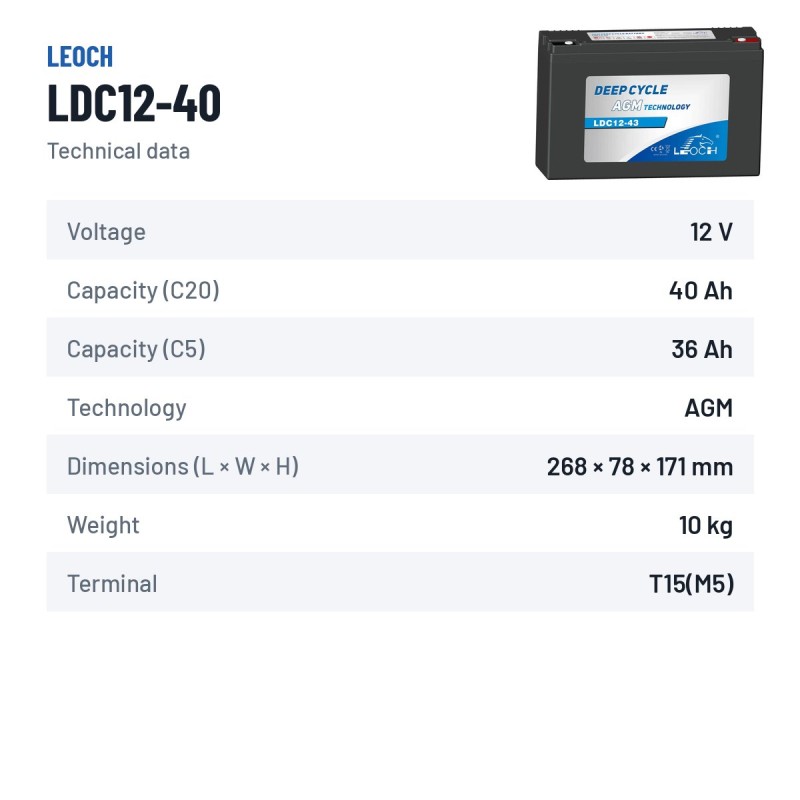 Batterie scooter de mobilité Leoch LDC12-40 12V 40Ah AGM – fiche technique