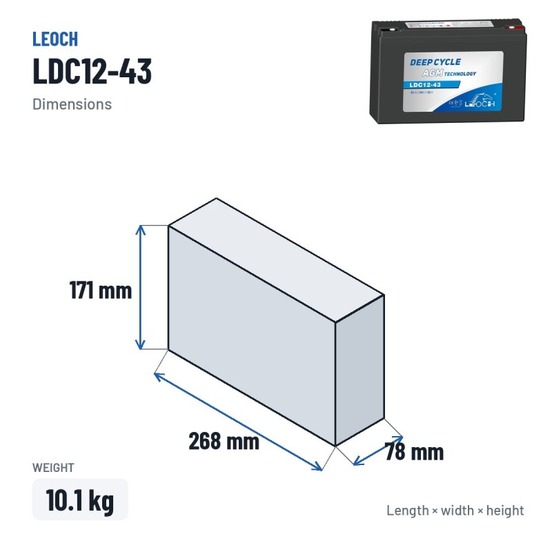 Batteria per scooter di mobilità Leoch LDC12-43 12V 43Ah AGM – dimensioni 268 × 78 × 171 mm