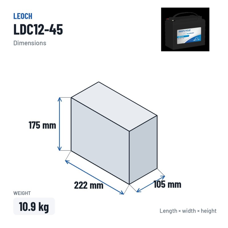 Batería de scooter de movilidad Leoch LDC12-45 12V 45Ah AGM – medidas 222 × 105 × 175 mm