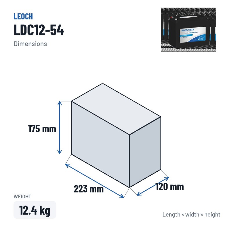Bateria de scooter de mobilidade Leoch LDC12-54 12V 54Ah AGM – medidas 223 × 120 × 175 mm