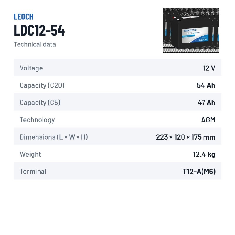 Batterie für Mobilitätsscooter Leoch LDC12-54 12V 54Ah AGM – technische Daten