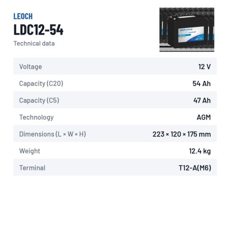 Bateria de scooter de mobilidade Leoch LDC12-54 12V 54Ah AGM – ficha técnica