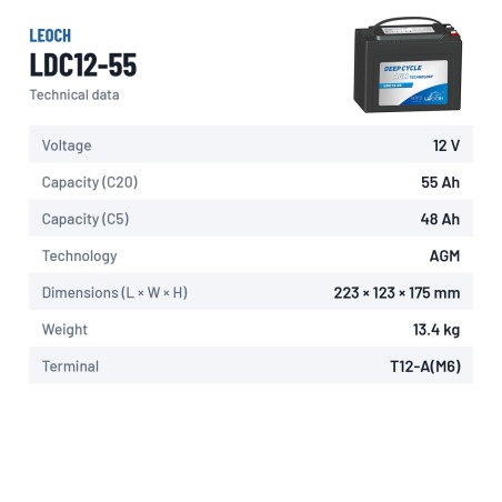 Batteria per scooter di mobilità Leoch LDC12-55 12V 55Ah AGM – scheda tecnica