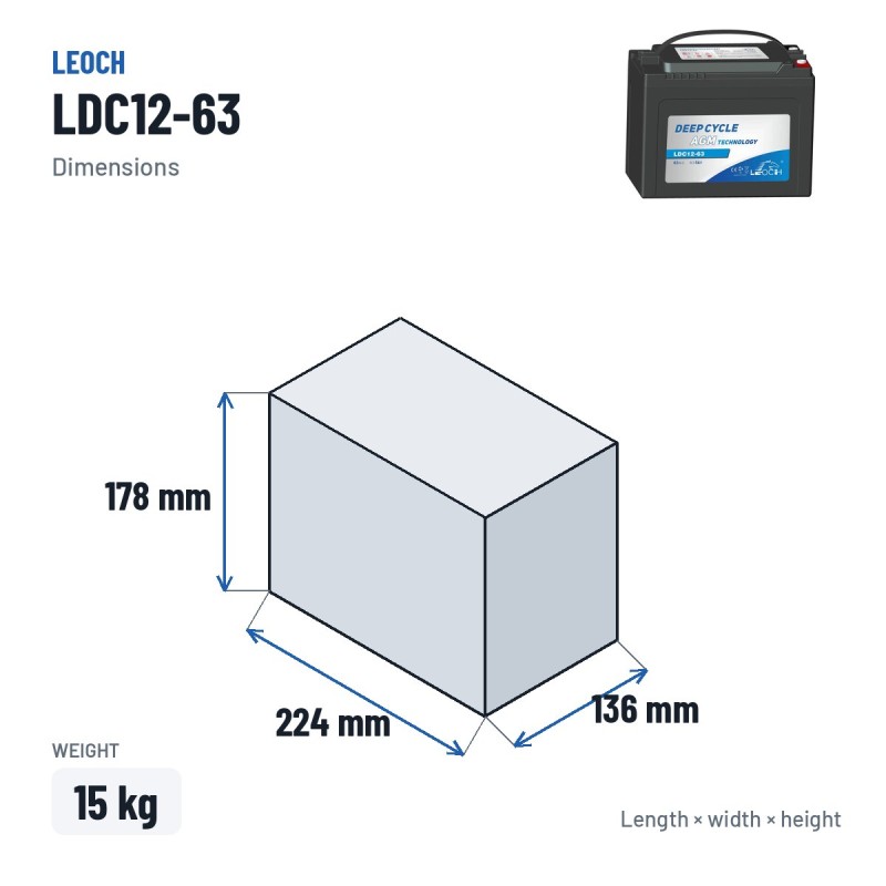 Batterie scooter de mobilité Leoch LDC12-63 12V 63Ah AGM – dimensions 224 × 136 × 178 mm