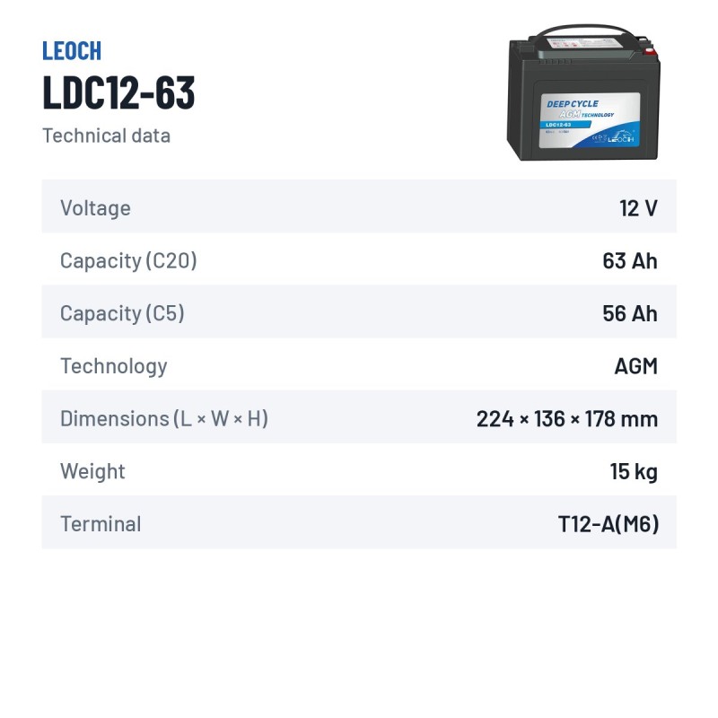 Batterie scooter de mobilité Leoch LDC12-63 12V 63Ah AGM – fiche technique