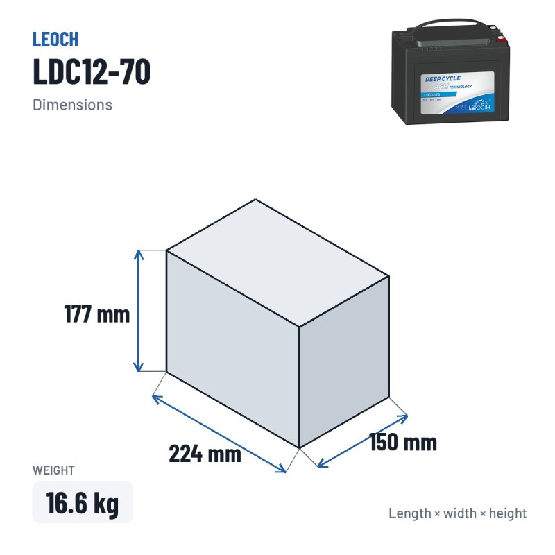 Batterie scooter de mobilité Leoch LDC12-70 12V 70Ah AGM – dimensions 224 × 150 × 177 mm