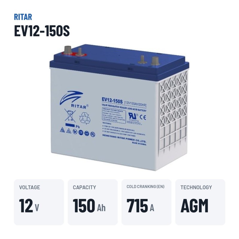 Bateria de caravana Ritar EV12-150S 12V 150Ah 715A AGM – dados principais