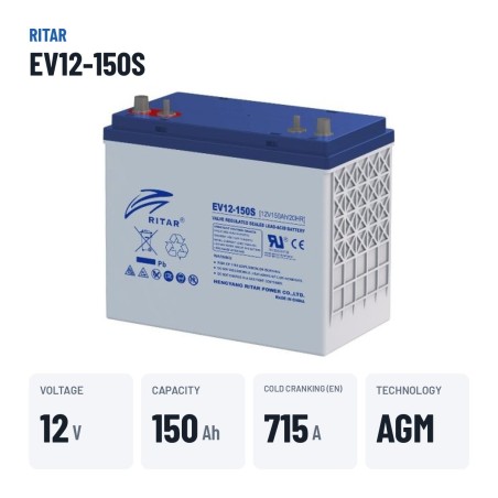 Bateria de caravana Ritar EV12-150S 12V 150Ah 715A AGM – dados principais
