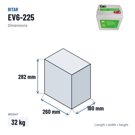 Golf cart battery Ritar EV6-225 6V 225Ah 1035A AGM – dimensions 260 × 180 × 282 mm