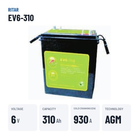 Batteria per golf cart Ritar EV6-310 6V 310Ah 930A AGM – dati principali