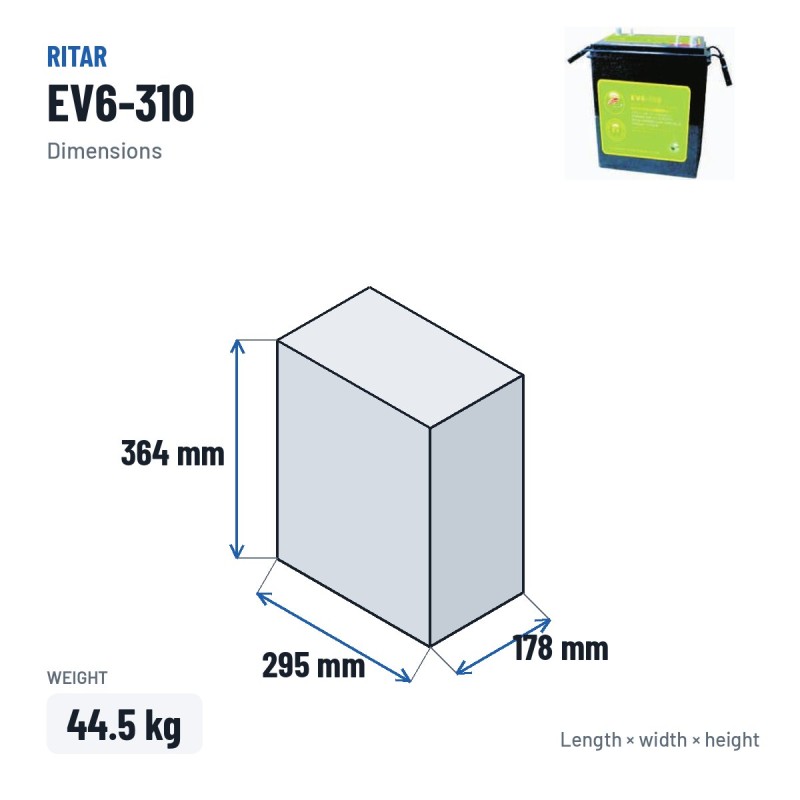 Golf cart battery Ritar EV6-310 6V 310Ah 930A AGM – dimensions 295 × 178 × 364 mm