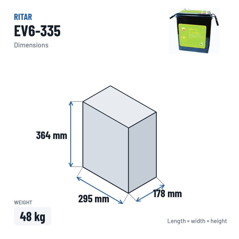 Batterie de voiturette de golf Ritar EV6-335 6V 335Ah 870A AGM – dimensions 295 × 178 × 364 mm