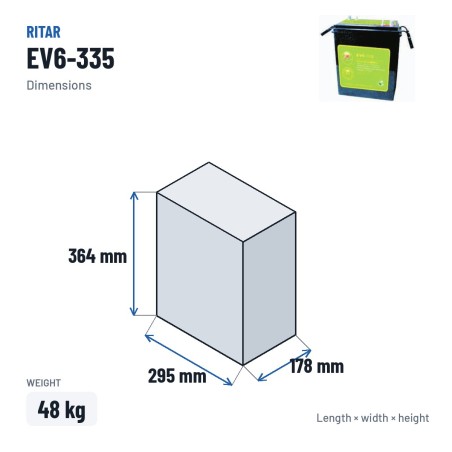 Bateria de carrinho de golfe Ritar EV6-335 6V 335Ah 870A AGM – medidas 295 × 178 × 364 mm