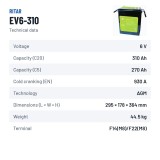 Batteria per golf cart Ritar EV6-310 6V 310Ah 930A AGM – scheda tecnica