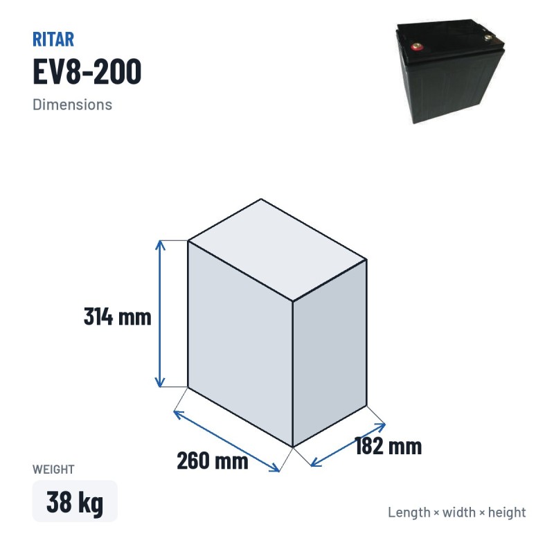 Golf cart battery Ritar EV8-200 8V 200Ah 700A AGM – dimensions 260 × 182 × 314 mm