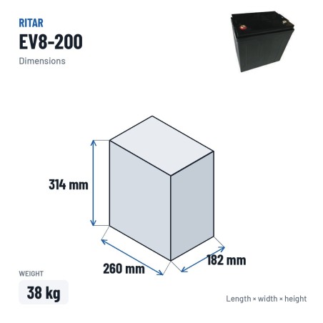 Golf cart battery Ritar EV8-200 8V 200Ah 700A AGM – dimensions 260 × 182 × 314 mm