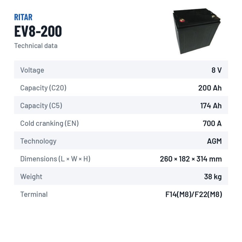 Golf cart battery Ritar EV8-200 8V 200Ah 700A AGM – technical data