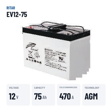 Batteria per scooter di mobilità Ritar EV12-75 12V 75Ah 470A AGM – dati principali