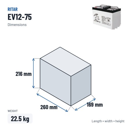 Batteria per scooter di mobilità Ritar EV12-75 12V 75Ah 470A AGM – dimensioni 260 × 169 × 216 mm