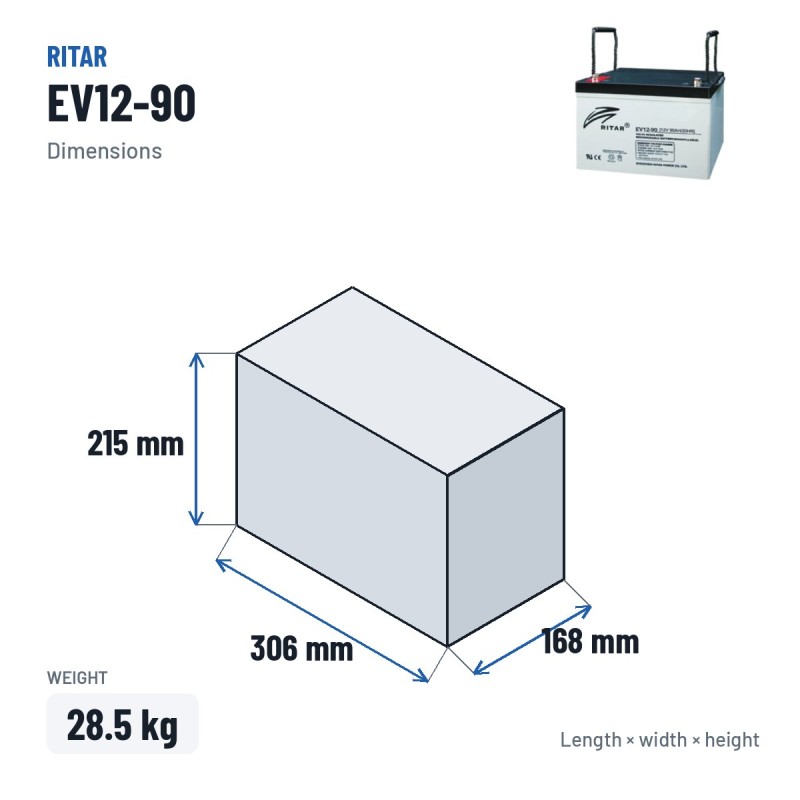 Mobility scooter battery Ritar EV12-90 12V 90Ah AGM – dimensions 306 × 168 × 215 mm