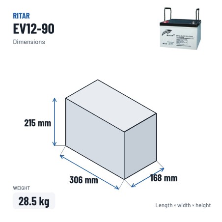 Batería de scooter de movilidad Ritar EV12-90 12V 90Ah AGM – medidas 306 × 168 × 215 mm