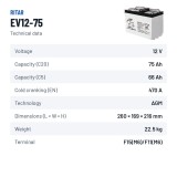 Batteria per scooter di mobilità Ritar EV12-75 12V 75Ah 470A AGM – scheda tecnica