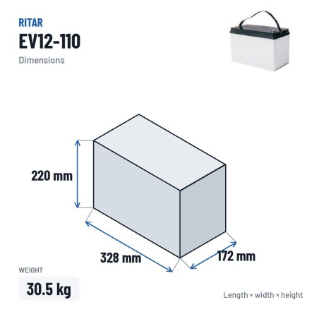 Batería para fregadora Ritar EV12-110 12V 110Ah 700A AGM – medidas 328 × 172 × 220 mm