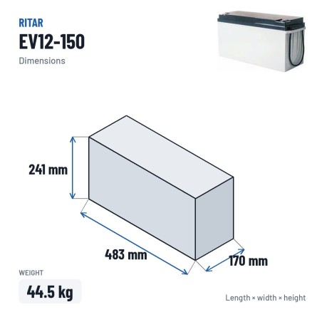 Batteria caravan Ritar EV12-150 12V 150Ah 715A AGM – dimensioni 483 × 170 × 241 mm