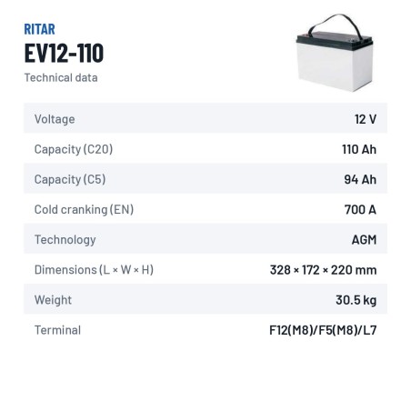 Floor scrubber battery Ritar EV12-110 12V 110Ah 700A AGM – technical data