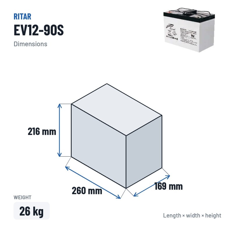 Batería de scooter de movilidad Ritar EV12-90S 12V 90Ah 560A AGM – medidas 260 × 169 × 216 mm