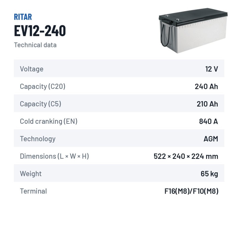 Batterie camping-car Ritar EV12-240 12V 240Ah 840A AGM