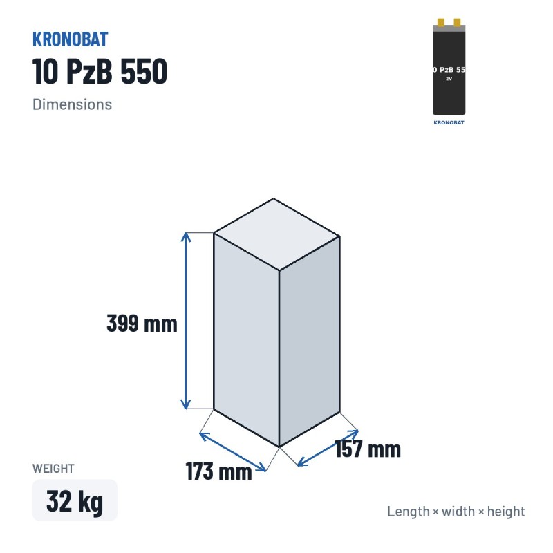 Elemento de tracción Kronobat 10 PzB 550 2V 550Ah – medidas 173 × 157 × 399 mm