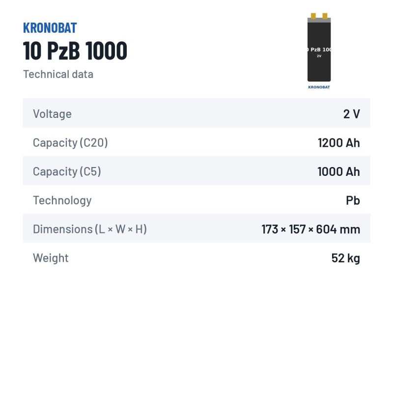 Élément de traction Kronobat 10 PzB 1000 2V 1000Ah – fiche technique