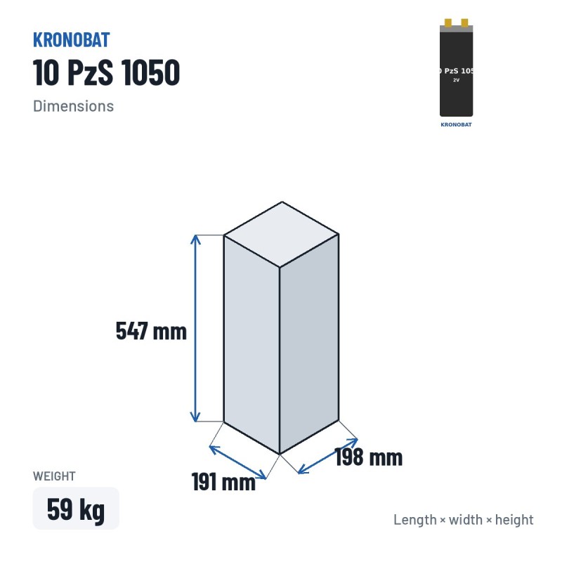 Élément de traction Kronobat 10 PzS 1050 2V 1050Ah – dimensions 191 × 198 × 547 mm