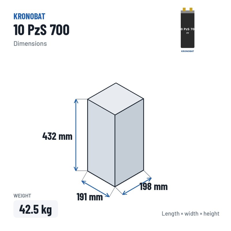 Elemento di trazione Kronobat 10 PzS 700 2V 700Ah – dimensioni 191 × 198 × 432 mm
