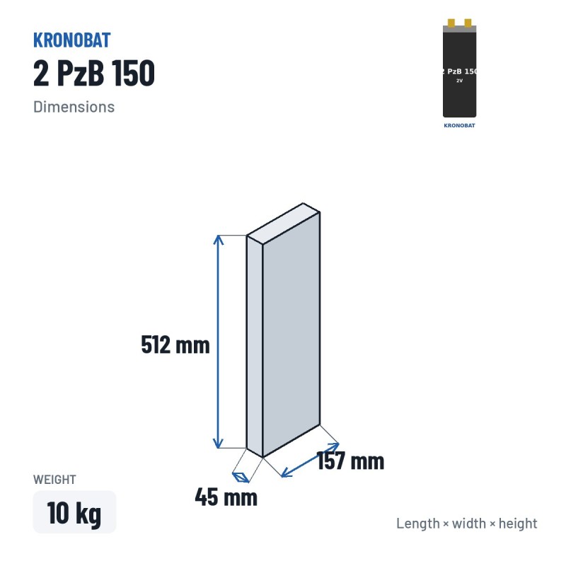 Elemento de tração Kronobat 2 PzB 150 2V 150Ah – medidas 45 × 157 × 512 mm