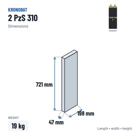 Élément de traction Kronobat 2 PzS 310 2V 310Ah – dimensions 47 × 198 × 721 mm