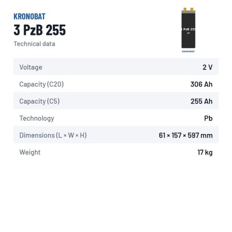 Elemento de tração Kronobat 3 PzB 255 2V 255Ah – ficha técnica