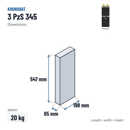 Traction cell Kronobat 3 PzS 345 2V 345Ah – dimensions 65 × 198 × 547 mm