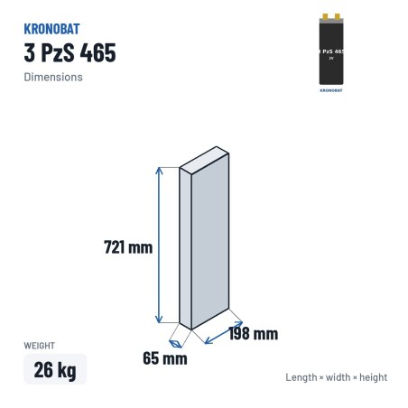 Traction cell Kronobat 3 PzS 465 2V 465Ah – dimensions 65 × 198 × 721 mm