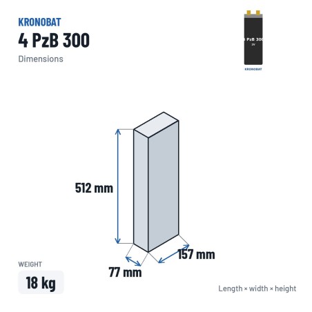 Elemento di trazione Kronobat 4 PzB 300 2V 300Ah – dimensioni 77 × 157 × 512 mm