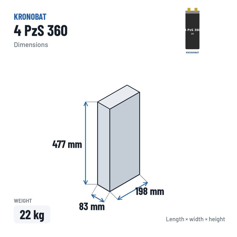 Traction cell Kronobat 4 PzS 360 2V 360Ah – dimensions 83 × 198 × 477 mm